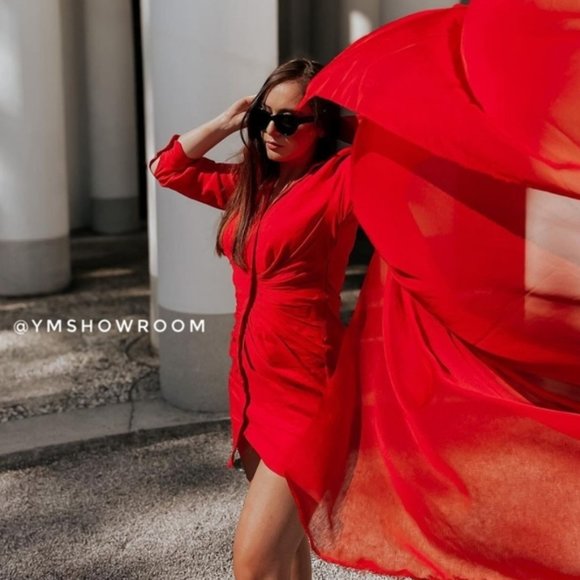 NEW ZARA LINEN BUTTON DOWN SHIRT DRESS WITH RUCHING RED LONG SLEEVE SIZE XL - Picture 3 of 5